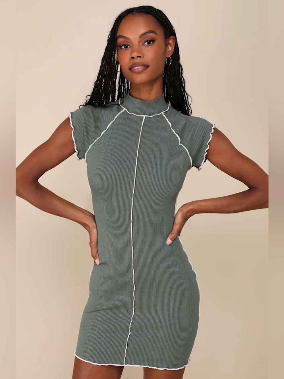Lulus Sage Green Ribbed Mock Neck Exposed Seam Mini Dress Size Small